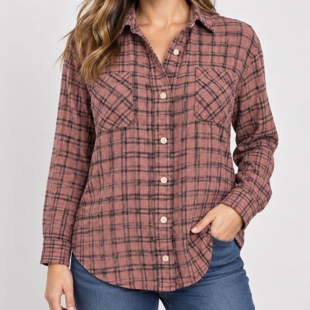 a.n.a Plaid Flannel Shirt Womens Medium Brown Black Button Down Cotton Pockets